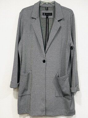 Jules & Leopold LongLine Duster Blazer Black White Pockets Stretch EUC Womens XL